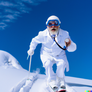 Lege i hvit frakk med stetoskap står på alpinskir