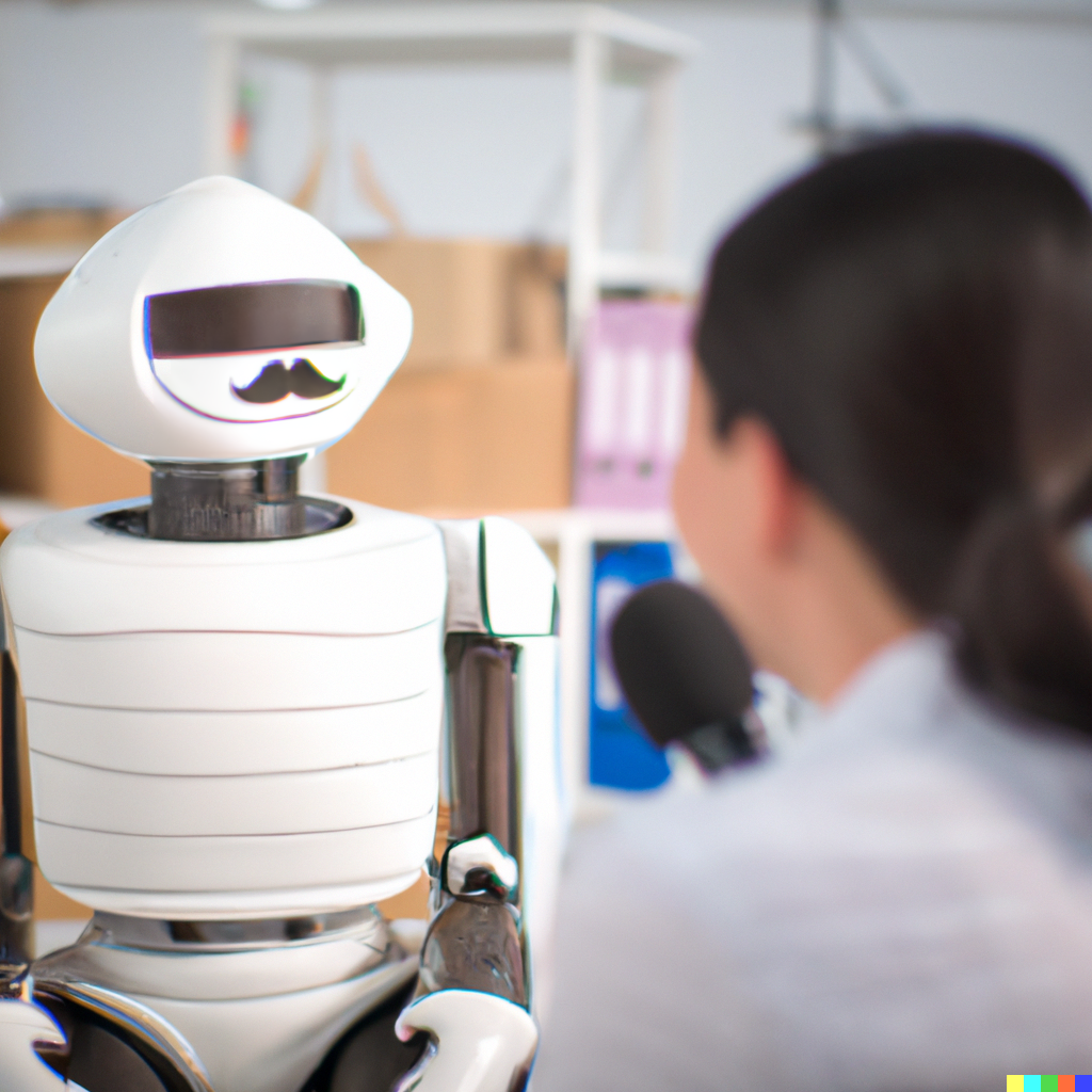 Journalist intervjuer-en robot. Roboten har bart. Over-skulderen-perspektiv