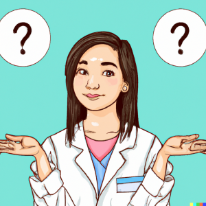 Illustrasjon av en medisinstudent som gjør en spørrende gest. 