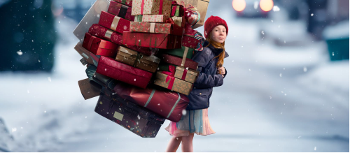 Bilde av jente i snøfylt gate, med mange julegaver på ryggen.