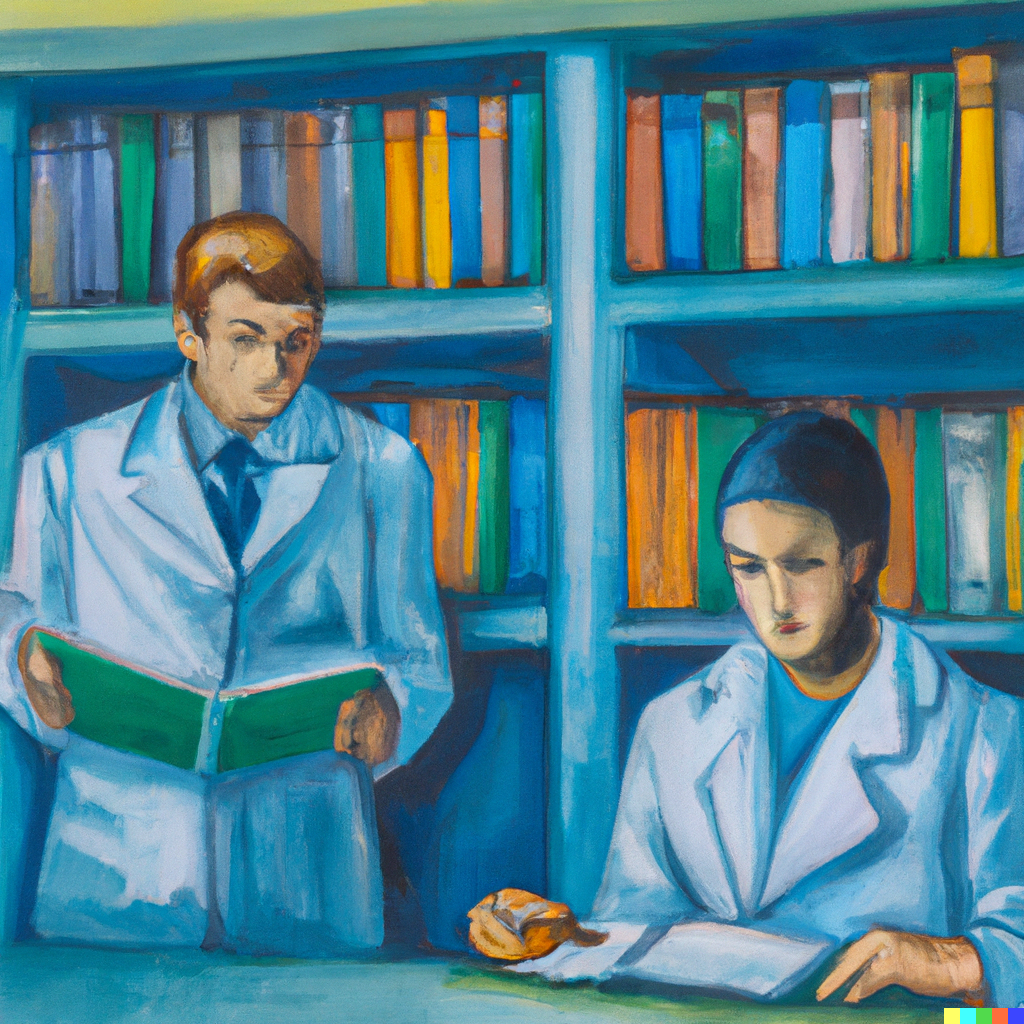Illustrasjon av personer på et bibliotek