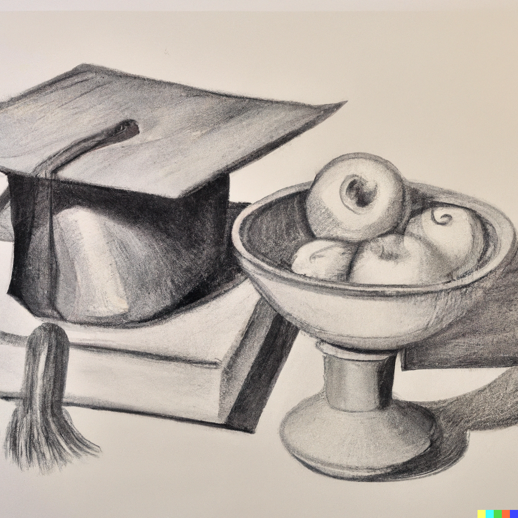 Illustrasjon, stilleben av eksamenshatt og bolle med frukt