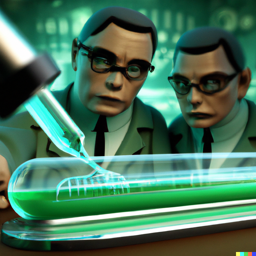 Digital illustrasjon av to forskere som gjennomfører et labforsøk
