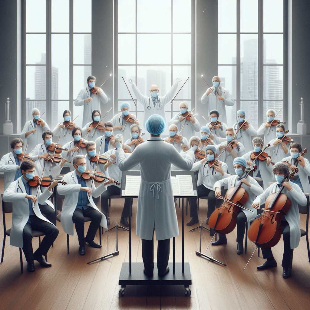 Illustrasjon av leger som spiller i et orkester