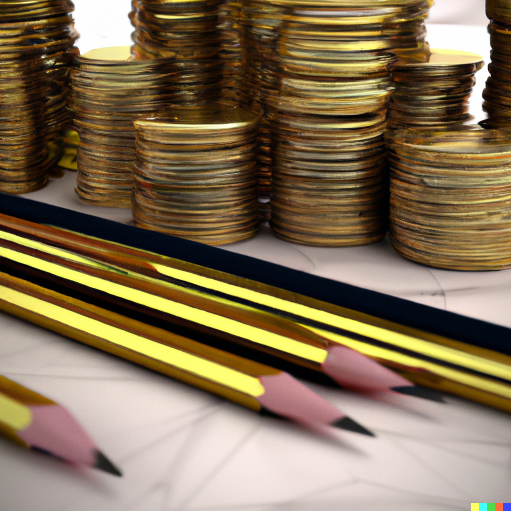 Digital kunst som illustrerer en bunke mynter, med blyanter liggende rundt